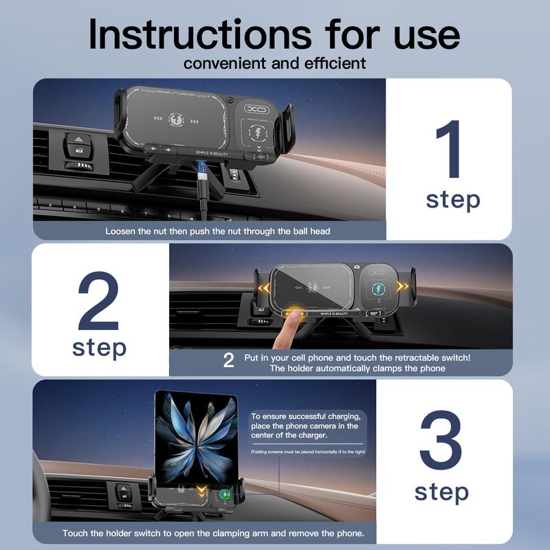 15W wireless fast charging car phone holder, suitable for foldable screen and regular smartphones.