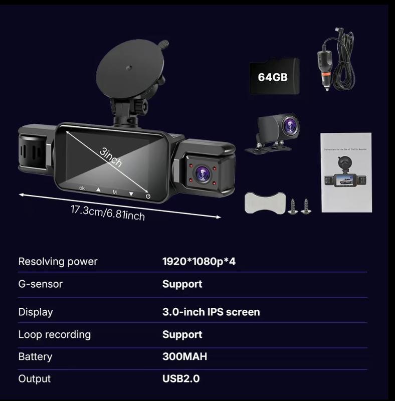 Four-channel dashcam, 360° panoramic imaging, includes OBD cable for 24/7 parking monitoring.