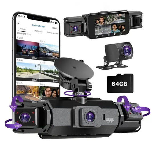 Four-channel dashcam, 360° panoramic imaging, includes OBD cable for 24/7 parking monitoring.